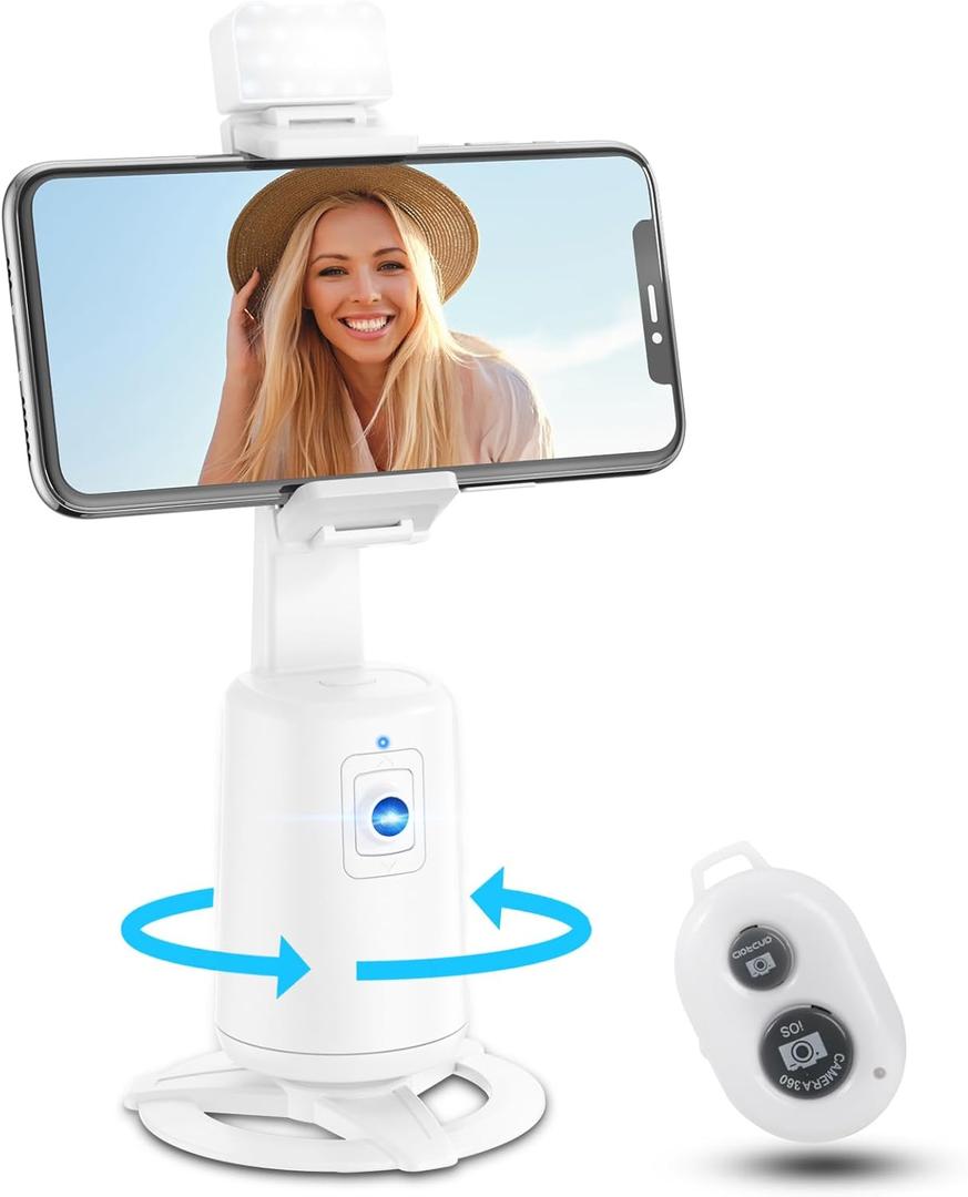 Auto Face Tracking Tripod 360 Rotating Cell Phone Photo and Video Kits Stand, No App, Camera Stand with Remote and Gesture Control, Rechargeable Smart Shooting Stand for Live Recording Tiktok (White)