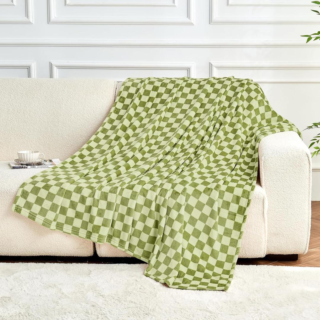 FY FIBER HOUSE Checkered Flannel Fleece Throw Blanket Soft Cozy Checkerboard Grid Print Chessboard Gingham Pattern Blankets for Bed Couch Sofa, 50"x60", Sage Green