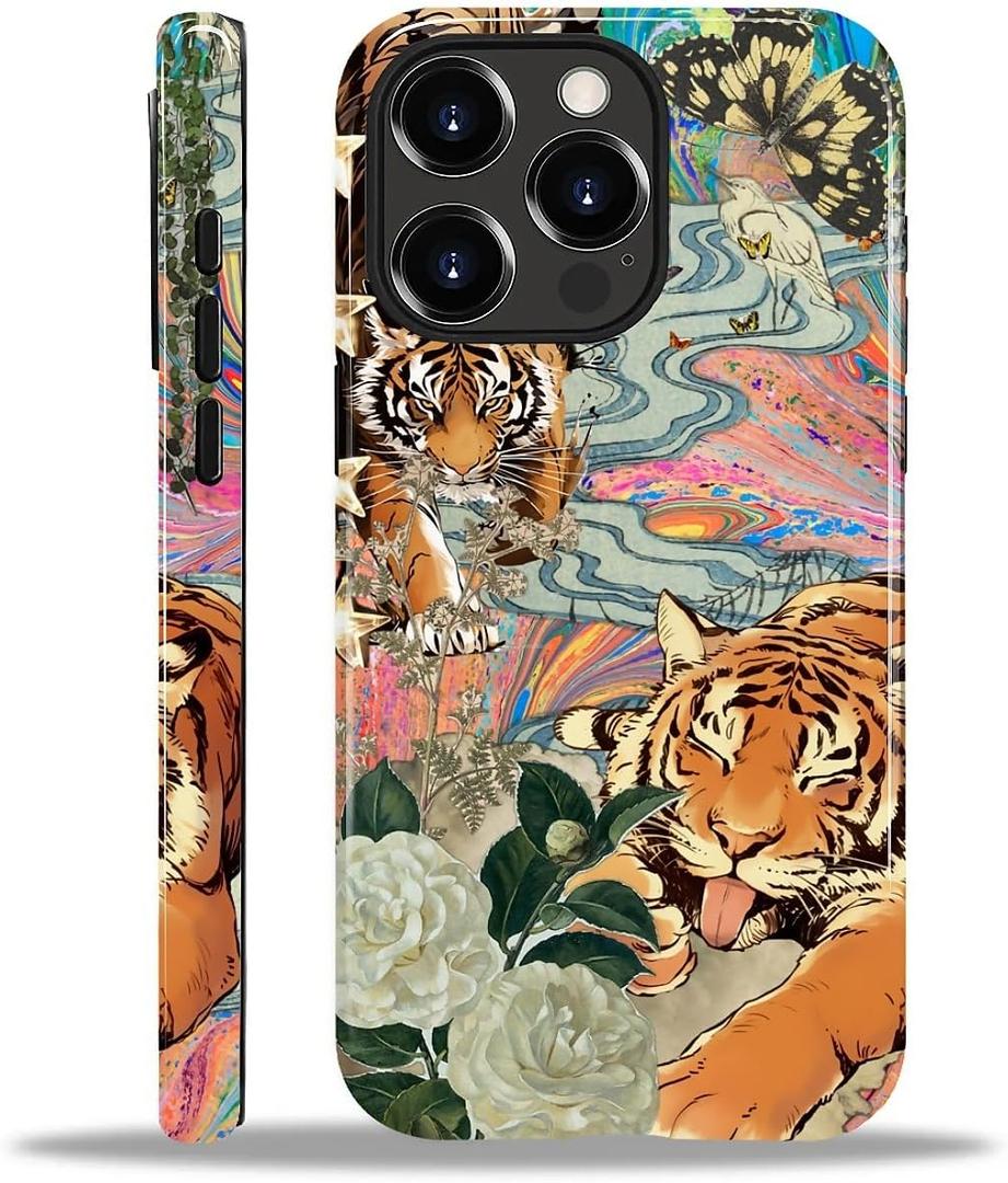 Case for iPhone 14 Pro Max, Hybrid Heavy Duty 2 in 1 Full Body Rugged Shockproof Protection Glossy Case for iPhone 14 Pro Max - Fun Tiger Butterfly Collage
