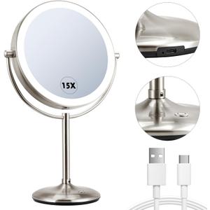 15X Magnifying Mirror with Light: 9 inch Lighted Makeup Mirror, 360Rotation Touch Screen Rechargeable, Double Sided LED Vanity Mirror, Brushed Nickel
