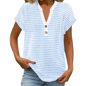 Womens Striped Henley Summer Tops V Neck Button Dressy Casual T Shirts Blouses 2026 Trendy Clothes (XL)
