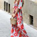 XNC Womens Summer Fall Cross V Neck Short Sleeve Party Long Dresses Red Boho Floral Flowy Split Cocktail Maxi Dress (L)