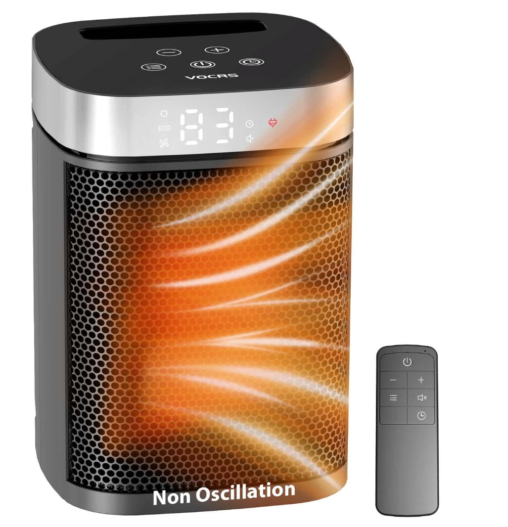 Small Portable Space Heater for Indoor Use  VOCRS 1500W PTC Electric Heater with Thermostat, Remote Control, 12H Timer, Eco and Fan Mode, Rapid and Safe Heating for Bedroom, Office