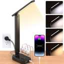 Power Strip with LED Desk Lamp, 3 Outlets 4 USB Ports(2 USBC) 4 Modes 5 Level Touch Lamp Small Desk Lamp for Home Office Bedroom Bedside, Study Reading Light, 5ft Extension Cord, Dorm Room Essentials (Black)