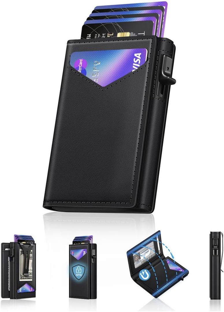 Wallet for Men, RFID Wallet with Money Clip & ID Window, Minimalist Pop Up Credit Card Case Holder 10-12 Cards, Bifold Slim Smart Wallet for Front Pocket, Compact Metal Wallets, Gifts for Men, Black