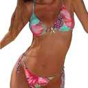 Women's 2 Piece Leopard Floral Bikini Sets Halter Triangle String Bathing Suit Starfish Metal Swimsuits (Medium, Pink and Blue)