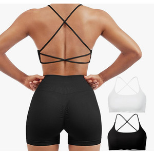 SUUKSESS Women 2 Piece Open Back Sports Bra Pack Strappy Workout Gym Yoga Crops, S