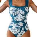 Aidonger Women's One Piece Swimsuit Modest Tummy Control Bathing Suit Ruched Slimming Color Block Swimwear (Large, Leaf Print)