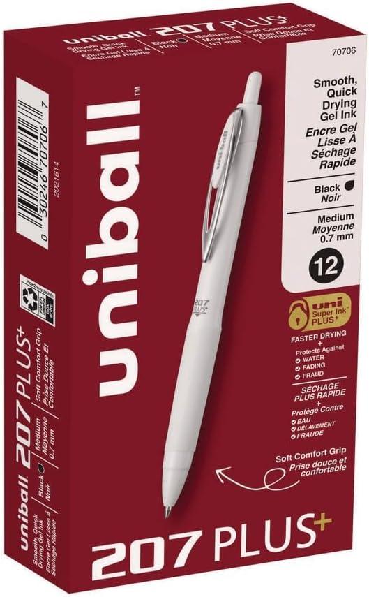 2 x Uniball Black Gel Pens, 207 Plus+ Retractable Gel Pens 12 Pack in Black with 0.7mm Medium Point Pen Tips - White Barrel