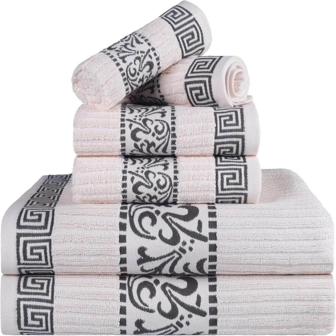 Superior 6-Piece Cotton Towel Set, Decorative Greek Pattern, Home Essentials, Absorbent Towels, Bathroom Decor, Spa, Resort, Includes 2 Hand, 2 Face and 2 Bath Towels, Athens Collection, Ivory-Grey