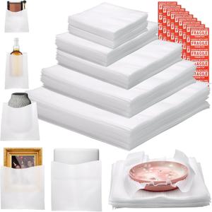 100 Pcs Packing Moving Foam Pouches & Sheets, 5 Sizes Cushion Foam Wrap Pouches with Fragile Stickers for Protect Dishes Cup Glasses Storage Supplies (7.8X7.8", 7.5X12", 12X12", 14X14", 16X16")