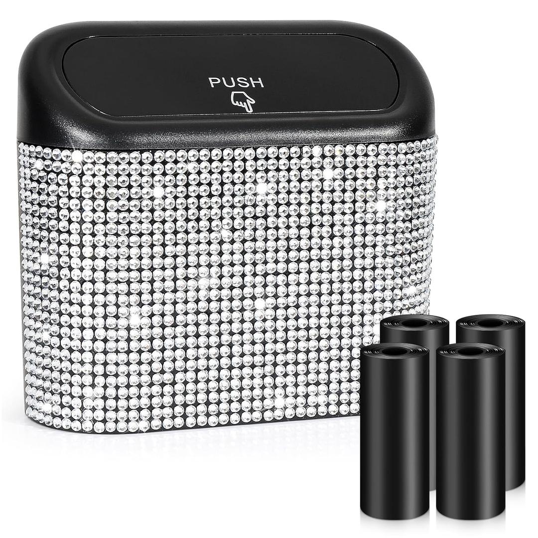 Accmor Bling Car Trash Can with Lid, Mini Auto Garbage Storage Bin with 60pcs Garbage Bags, Sparkling Crystal Trash Bags Holder Dustbin Vehicle Accessories Container Organizer (White Rhinestone)