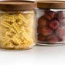 Mason & Fable Ribbed Glass Jar, Stackable & Airtight Wooden Lid- Storage Canister for Cereal, Pasta, Rice/Flour - High End Look for Kitchen, Pantry, Bar Organization - 40oz, Set of 2