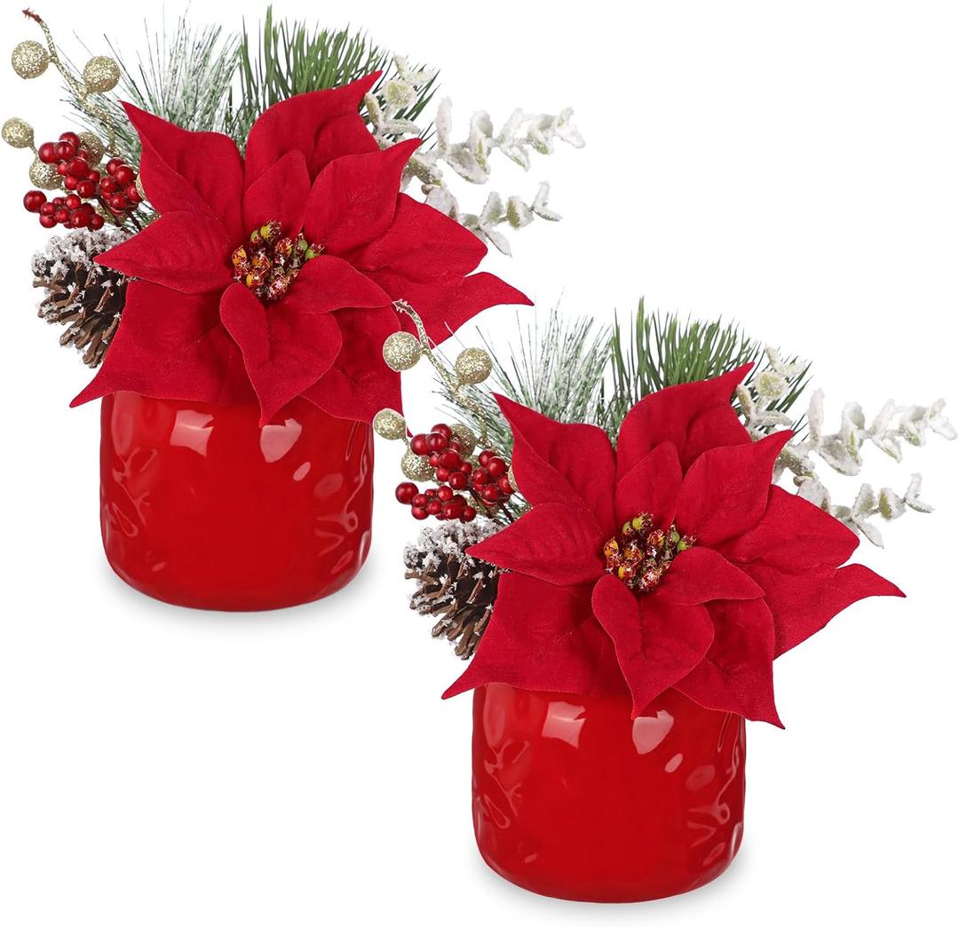 Artificial Christmas Floral Arrangement with Velvet Poinsettia Pinecones Berries Greenery Faux Flower Centerpiece in Ceramic Pot Holiday Arrangement for Home Mantel Xmas Dining Table Decor (Red#2)
