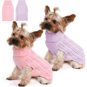 2 Pack Dog Sweaters for Small Dogs Winter Turtleneck Pullover Cable Knit Fleece Stretch Puppy Doggie Chihuahua Toy Poodle Yorkie Pomeranian Boy Girl Pet Clothes (S, Pink & Purple)