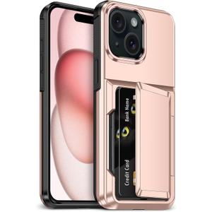 for iPhone 15 Case with Card Holder [Max 5 Cards] Heavy Duty Protective Shockproof Case Dual Layer Hidden Sliding Card Slot Wallet Case for iPhone 15 Phone Case Women&Men 6.1'' Rose Gold