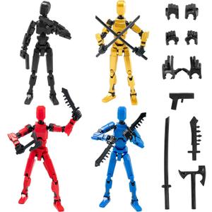 4PCS Titan 13 Action Figures Set Robot Fidget Toys for Kids, Lucky Dummy T Nova N 13 Action Stick Figure Sensory Toy for Boys, Multi Movable Joints Fidgets (Golden+Black+Red+Blue)