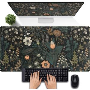 Dark Flower Desk Mat Floral Plants Mouse Pad, Aesthetic Wildflowers Large Gaming Mousepad Desk Pad, XXL Keyboard Mouse Mat Full Desktop Mat Women Office Desk Accessories Cover Mat 31.5"x15.75"