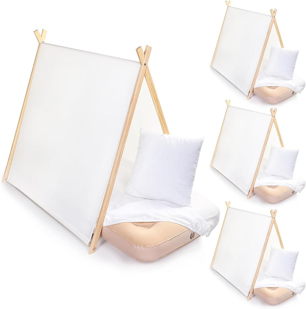 4 Sets Teepee Tent for Kids with Inflatable Airbed, Fitted Sheet and Pillow Inserts Toddler Play Tent White Washable Foldable for Indoor Outdoor Boys Girls Slumber Party Sleepover Playhouse