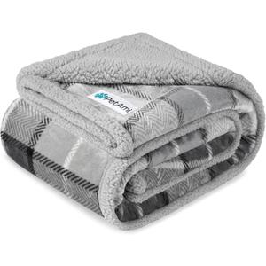 PetAmi Waterproof Dog Blanket for Medium Large Dog Puppy Cat Throw for Couch Cover Leakproof Protection, Sherpa Fleece, Reversible Soft Washable 60x40 Plaid Light Gray