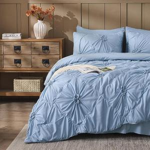 Sky Blue Comforter Set King Size Bed in A Bag 7 Piece Pinch Pleat Bedding Set, Pintuck Ruched Flowers Bed Set with Comforter, Sheets, Pillowcases & Shams
