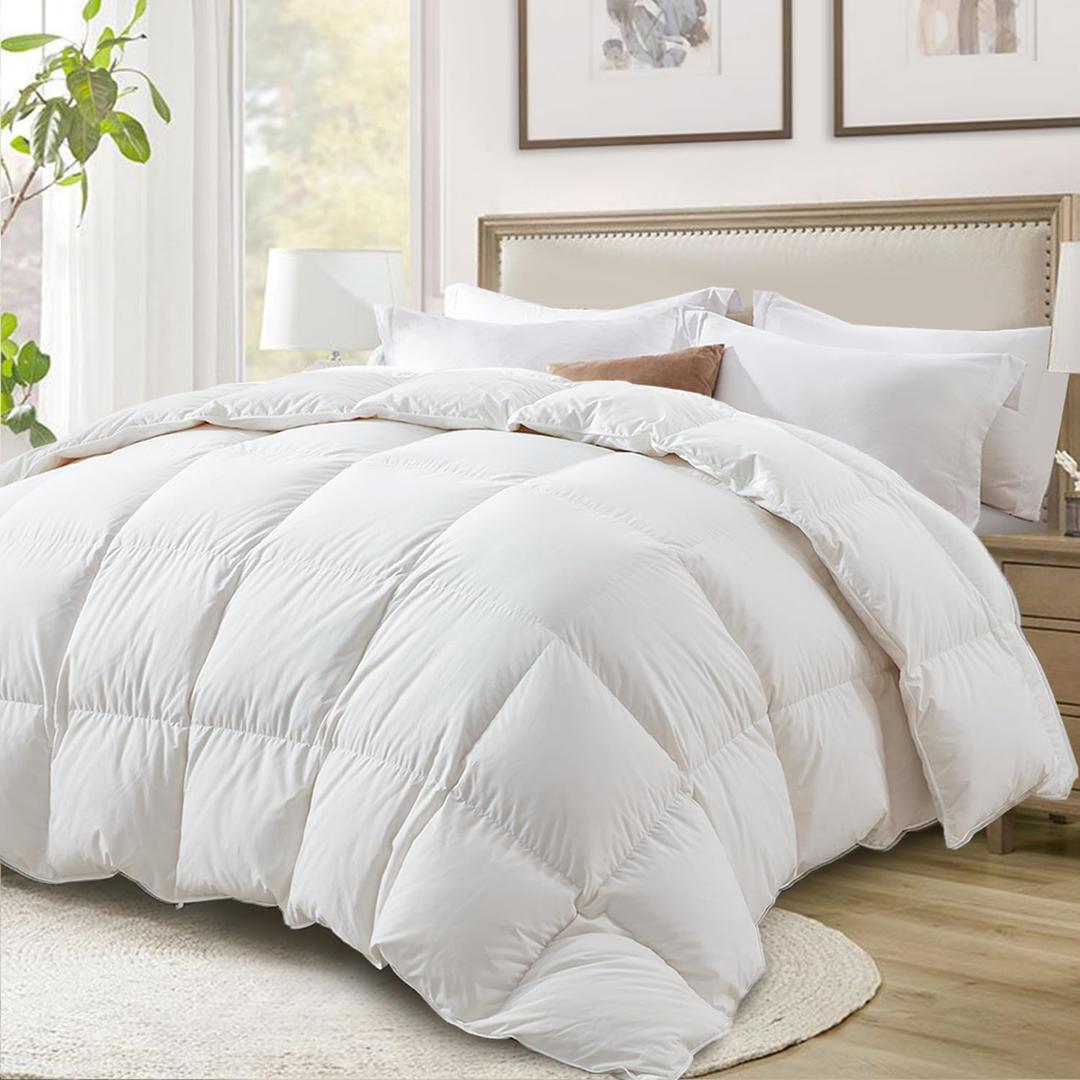 Globon Ultra-Soft Down Feather Comforter Queen Size,Luxurious Fluffy Hotel Collection Duvet Insert for All Season,Noiseless Shell,700 Filling Power,Medium Weight with Corner Tabs, White
