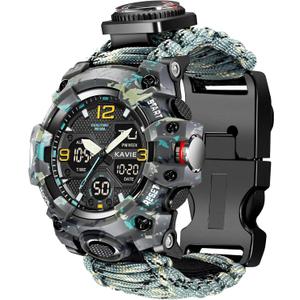 23-in-1 Survival Military Digital Watch, Mens Tactical Multi-Functional and Adjustable Wristband Outdoors Waterproof Sports Dual Dial Watches with Compass Paracord Band (Gray Yellow Camouflage)