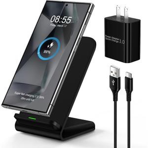 15W Samsung S24 FE Wireless Charger Fast Charging Stand for Galaxy S25 Ultra S24 S23 S22 S21 Z Fold6, for Motorola Wireless Desk Phone Charging Station with QC Adapter for Edge/razr+/Moto G Power 2025 (Black)