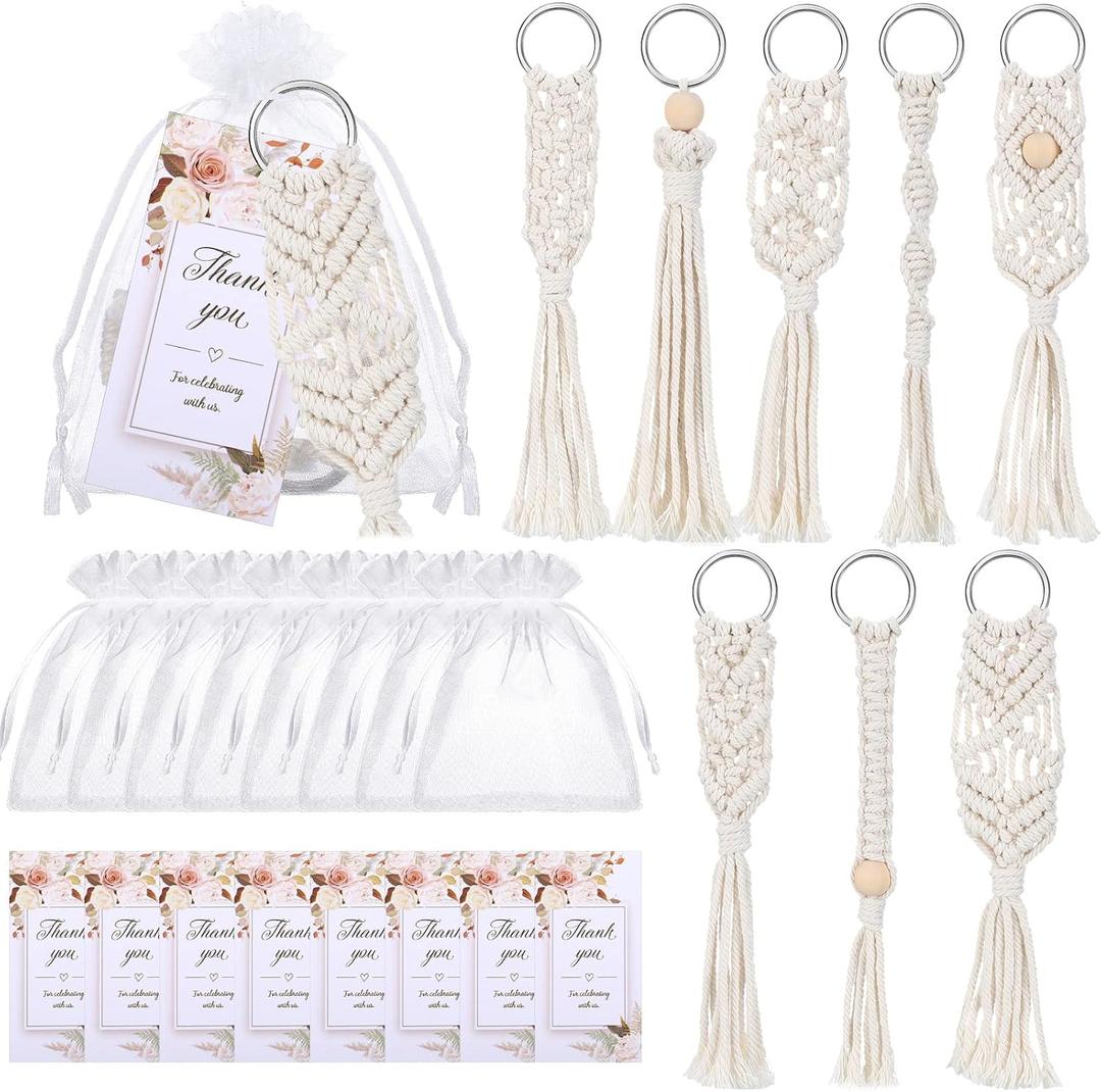 Giegxin 24 Pcs Boho Party Favors Macrame Keychains Bulk with Handcrafted Tassel Organza Bags Thank You Tags for Keys Purses Wallet Wedding Bridal Shower Baby Shower Boho Party Favors