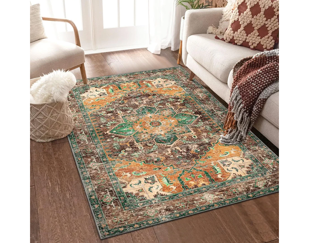 Yamaziot Washable Area Rug, 4x6 Non-Slip Boho Vintage Living Room Bedroom Rug with Rubber Backing, Low Pile Faux Wool Soft Distressed Rug Floor Carpet for Living Room, Laundry, Kids Playroom