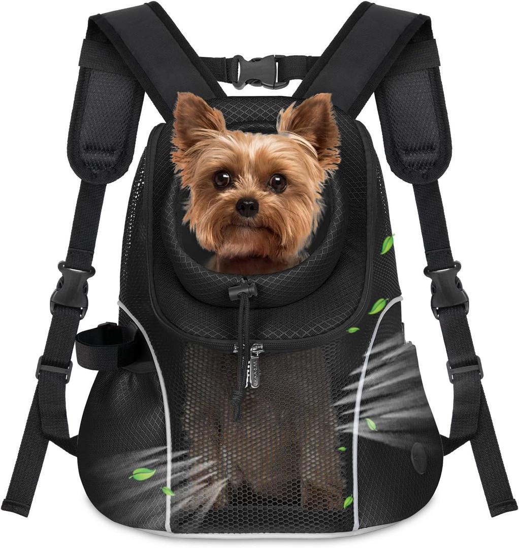 Pet Dog Carrier Backpack with Top and Side Windows, Small Dog Front Backpack Ventilated Mesh Dog Back Pack with Safety Belt for Travel Hiking Outdoor Adventures (Size M: 5-9 lbs, Black 2.0)