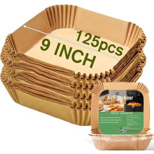 Large Air Fryer Disposable Paper Liners Square 9 Inch, 125 Pcs Parchment paper liner for 5-8QT Air fryer, Oil-proof, Water-proof, Parchment Baking Paper for Baking Roasting Microwave