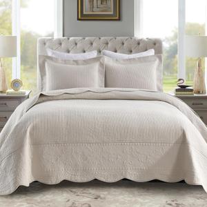 MarCielo 3-Piece 100% Cotton Oversized Bedspread Lightweight Quilt Coverlet Embroidery Farmhouse Bedding Set (TG Light Yellow Beige, Oversized Queen (100"x106"))