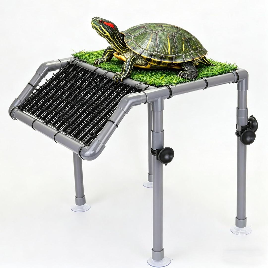 Extra Large Turtle Basking Platform, Sturdy Standing Dock with Non-Slip Ramp & Artificial Grass, Turtle Tank Accessories, Fits 50/65/75/90/125 Gal Tanks, Gray/Black