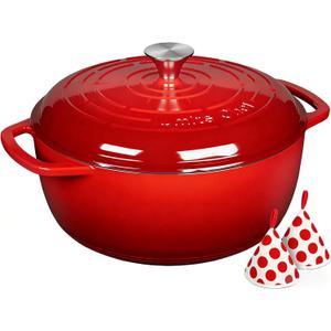 Umite Chef 6QT Enameled Cast Iron Dutch Oven with Lid, Versatile Heavy-Duty Cookware Pot for Baking Bread, Braising, Soups & Stews, Oven & Stovetop Safe with Heat Resistant GlovesRed