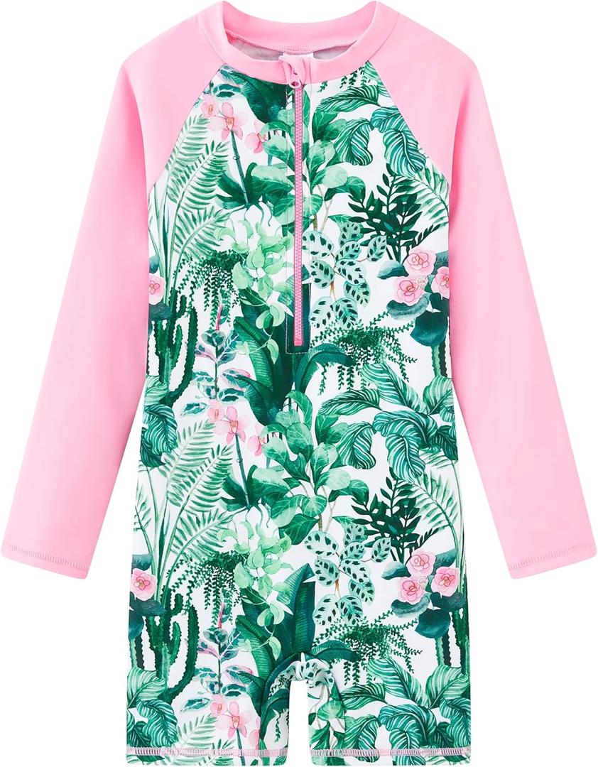 Girls Long Sleeve Rash Guard Swimsuits Zipper Bathing Suits (12 Years, Pink, Tropical Plants)