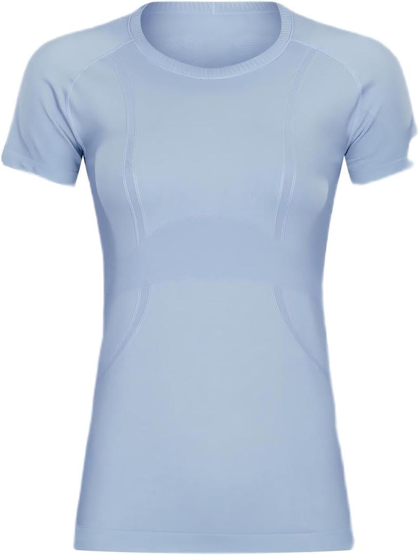Womens Seamless Short Sleeve Workout Tee Featherlight Nylon Top for Gym Yoga Daily Wear (Blue)