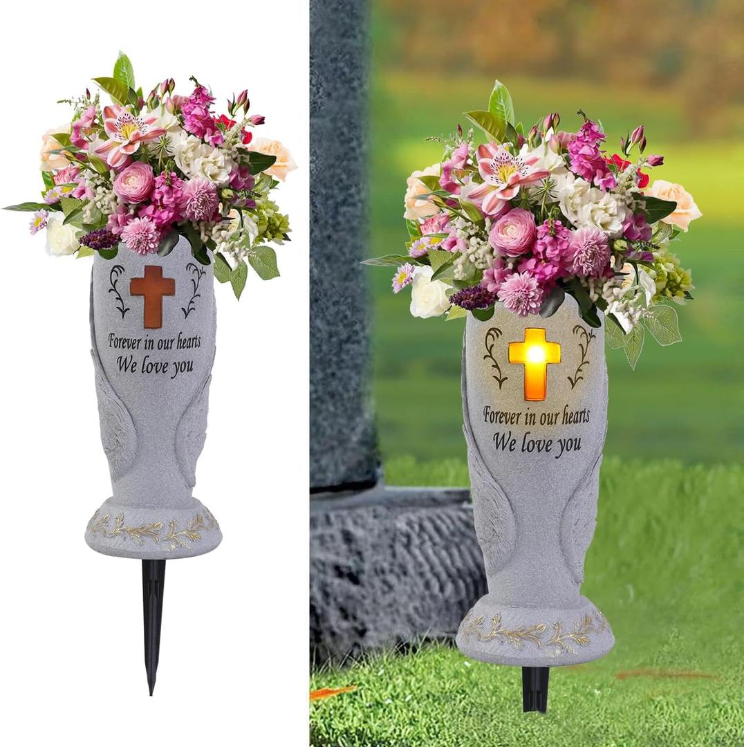 Cemetery Grave Flower Vase,Cometery Decorations for Grave,Angel Vases with Spike，Angel Wings and Cross Solar Light Cemetery Vase with Removable Stakes, Gift for Lost Lovers Ones
