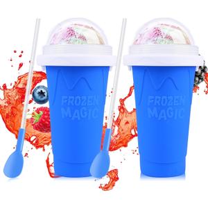 Slushie Cup 2 Pack DIY Slushy Maker Cup Frozen Magic Squeeze Cups for Juice Milk Yogurt Ice Cream Make, DIY Smoothie Cooling Cups with Lid & Straw for Kids Friends Family