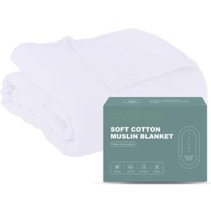 Cosy Family 100% Cotton Muslin Bed Blanket - Breathable & Lightweight, 4 Layer, White, 80x90 Inches