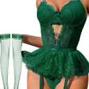Women Lingerie Set Naughty Lace Bodysuit High Waisted Underwire Lingerie Babydoll With Garter Belt and Stockings (Large, Emerald Green)