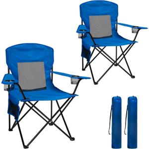 Outdoor Camping Chairs Set of 2, Folding Portable Foldable Lawn Chair Support 300lbs with Cooling Mesh Backrest, 2 Cup Holder, Side Pocket for Concert, Carry Bag for Sports(Blue Mesh,2 Pack) (General)