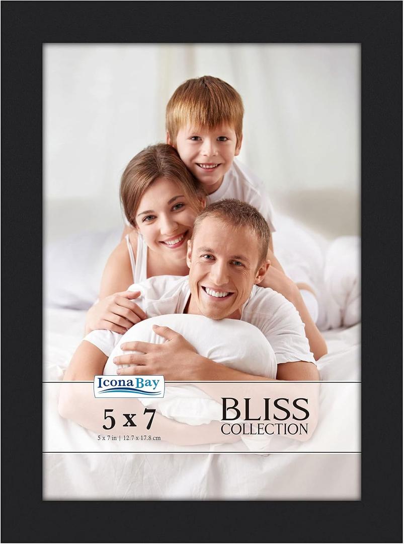 Icona Bay - 5x7 Black Picture Frame - Modern Style Engineered Wood Frame - Table Top or Wall Mount - Bliss Collection