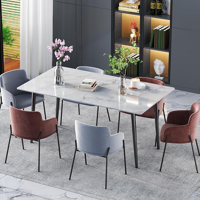 Dining Table with Marble Sintered Stone White 63" Rectangular Dining Room Table with Metal Legs for 6-8 People, Scratch Resistant & Easy to Clean, Table Only