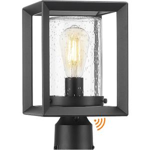 Emliviar Modern Dusk to Dawn Outdoor Lighting, 12 Inch Small Lamp Post Light Fixture with Photocell Sensor, Outdoor Pole Lamp in Black Finish with Seeded Glass Shade, 2083P-PC BK