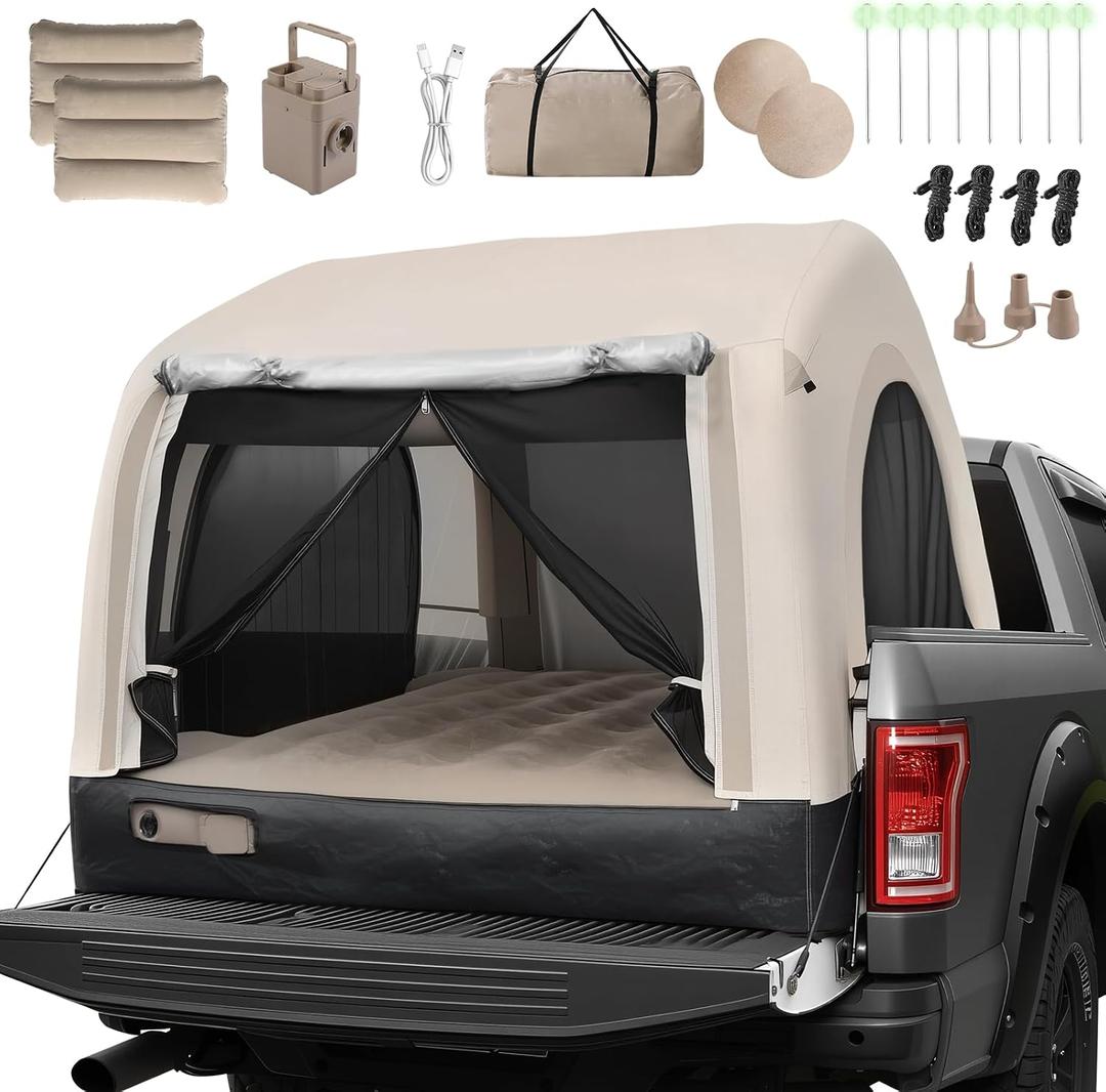 Inflatable Truck Bed Tent & Air Mattress, Truck Air Mattress for 5.5-6.5FT, 12'' Height 2-3 Person Fast Setup Ground & Pickup Tent Mattress with Rechargeable Pump for Camping Travel, 600lbs Max, Twin
