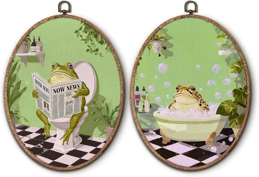 Hxlac Funny Bathroom Frog Oval Wall Art Framed Set of 2, Funky Frog in Bath Oval Wall Decor, Eclectic Animal Bathroom Hanging Canvas Prints Wall Sculptures for Home Living Room Decor, 8.5x11.5 Inch