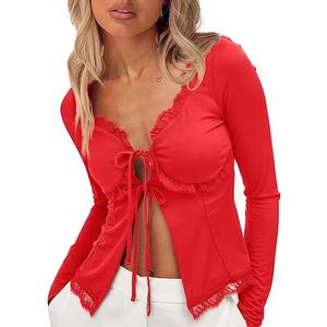 CSDAJIO Women's Lace Open Front Tie Long Sleeve Deep V Neck Crop Top Sexy Ruffle Trim Going Out T Shirt Size S
