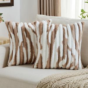 FUTEI Pack of 2 Faux Fur Plush Throw Pillow Covers 26x26 Inch Soft Tie Dye Striped Textured Farmhouse Decorative Euro Pillow Shams Modern Home Decor for Couch Bed Living Room, Brown White