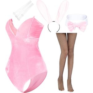 Anime Womens Bunny Girl Costume One Piece Bodysuit Halloween Cosplay Catsuit Bunny Headband Stockings Set (Medium, Pink)
